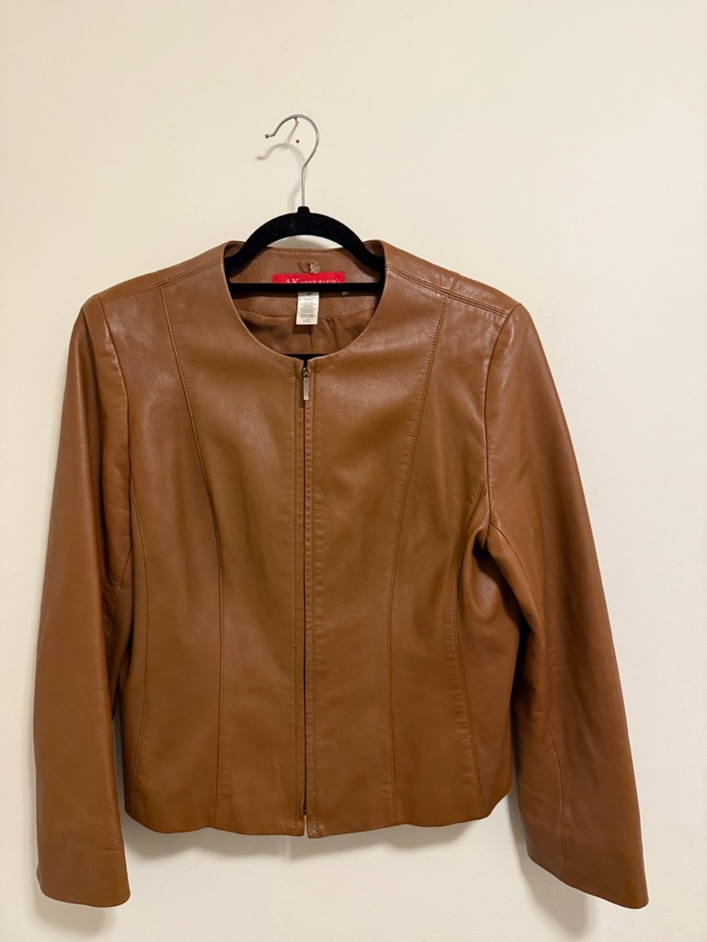 Anne Klein Collarless 100% Leather Jacket - Brown